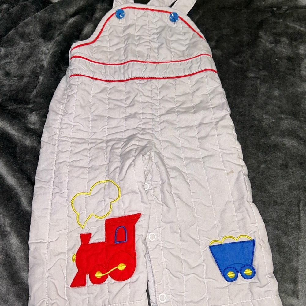 Vintage Gray Quilted Overalls with Train Design